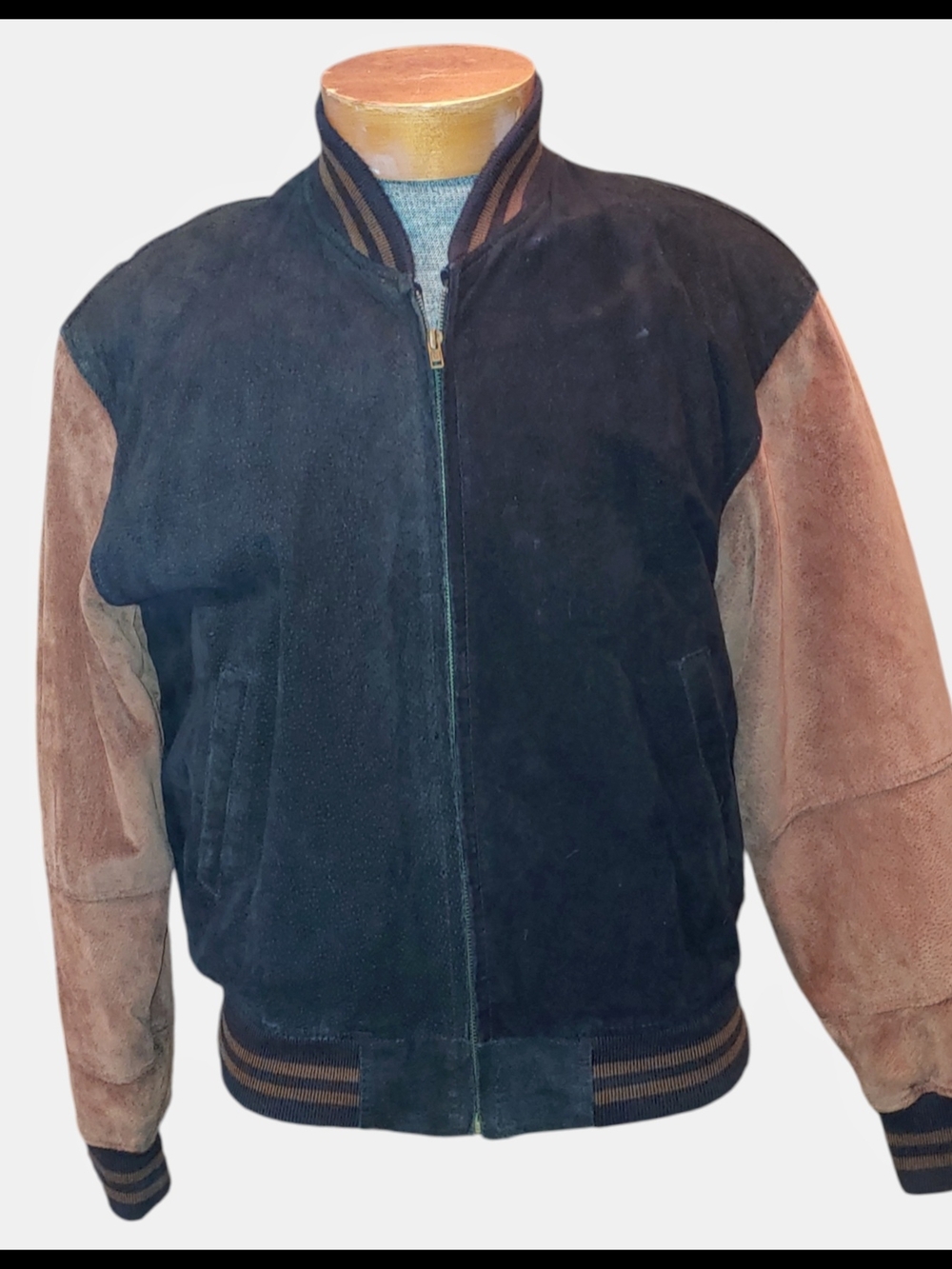 Men's Two-Tone Suede Bomber Jacket - Black & Brown